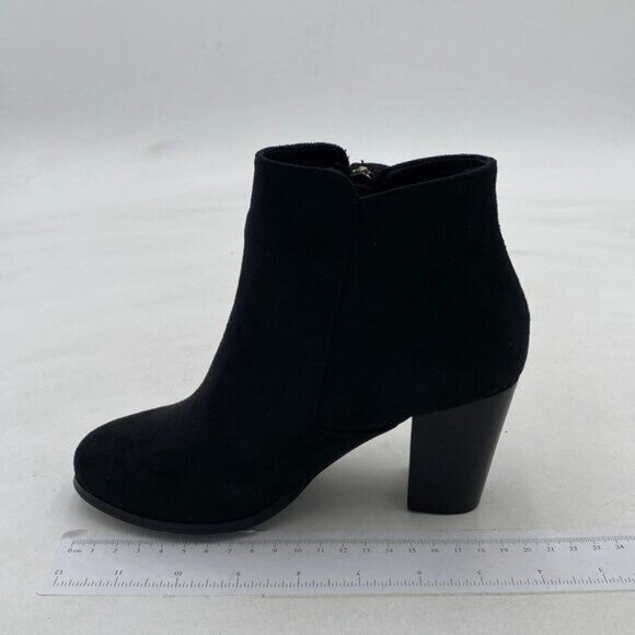 Black Chunky Heel Boots Side Zipper Closed Round Toe Ankle Booties Shoes - Picture 2 of 8